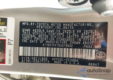 2013 Toyota Camry Hybrid Xle z USA, uszkodzony, nr VIN 4T1BD1FK1DU079832